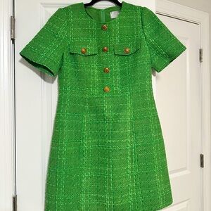 Chic Green Tweed Dress with Gold Buttons